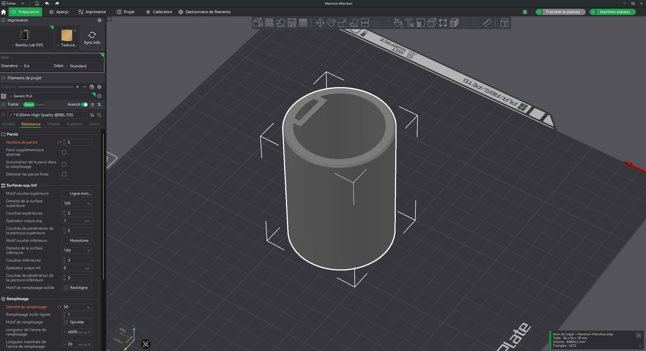 Le modèle 3D chargé sur le plateau de l'imprimante Bambu Lab P2S dans Bambu Studio