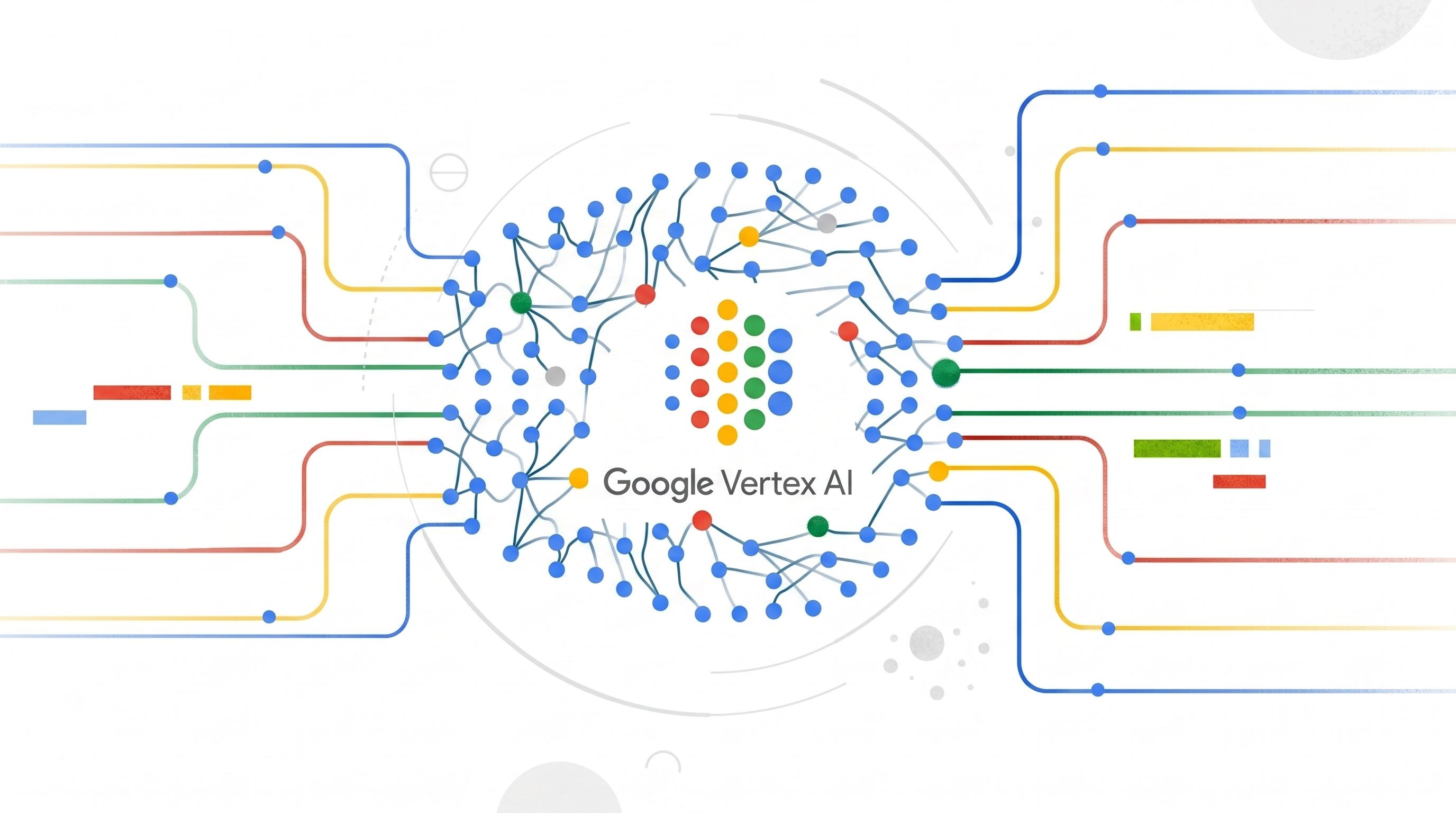 Schéma officiel Google Cloud illustrant la plateforme Vertex AI comme hub central reliant données d'entrée, modèles et sorties dans un réseau de nœuds aux couleurs Google